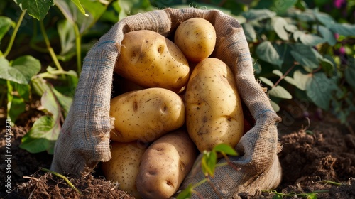 Close-up of Freshly Harvested Potatoes in Burlap Sack Generative AI