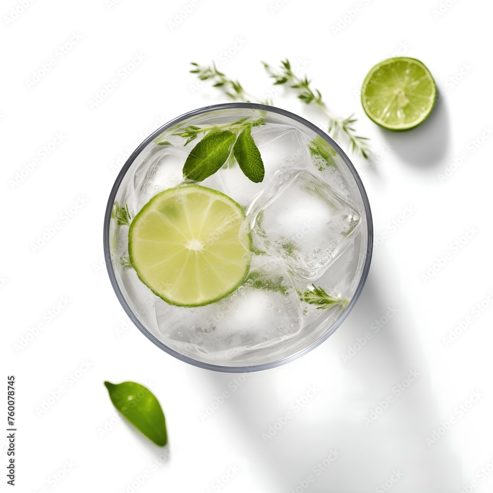 A glass of gin tonic with a lime slice in it, isolated on white, top wiew A glass of gin tonic with a lime slice in it, isolated on white, top wiew