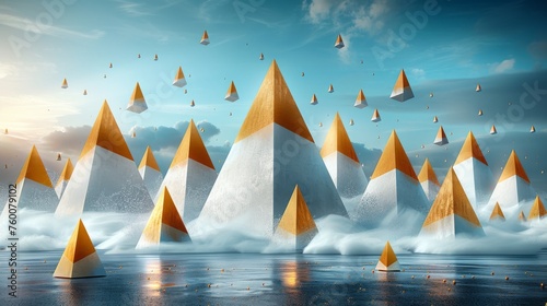  a group of orange and white pyramids floating in the air over a body of water with a blue sky in the background.