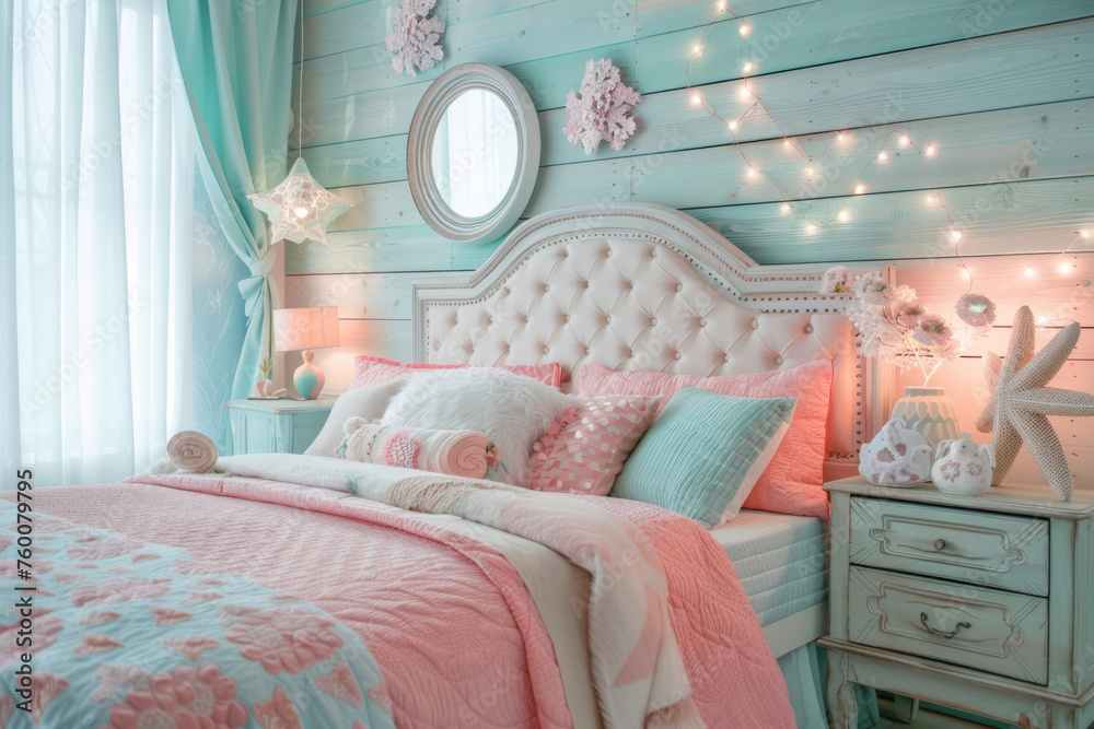 Girls bedroom with pastel beach decor in pink and blue colors. Generative AI
