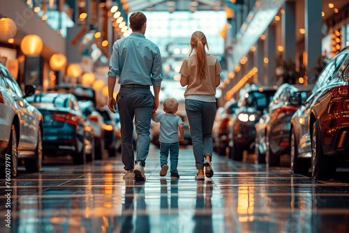  family is seen from behind walking through a car dealership's glistening showroom, hand in hand, with rows of new cars lining either side under the warm glow of stylish lights. photo