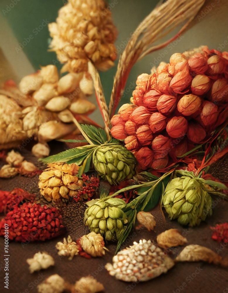 Fototapeta premium Whimsical Brewery Delight: Close-Up of Playful Ingredients in Red Hue