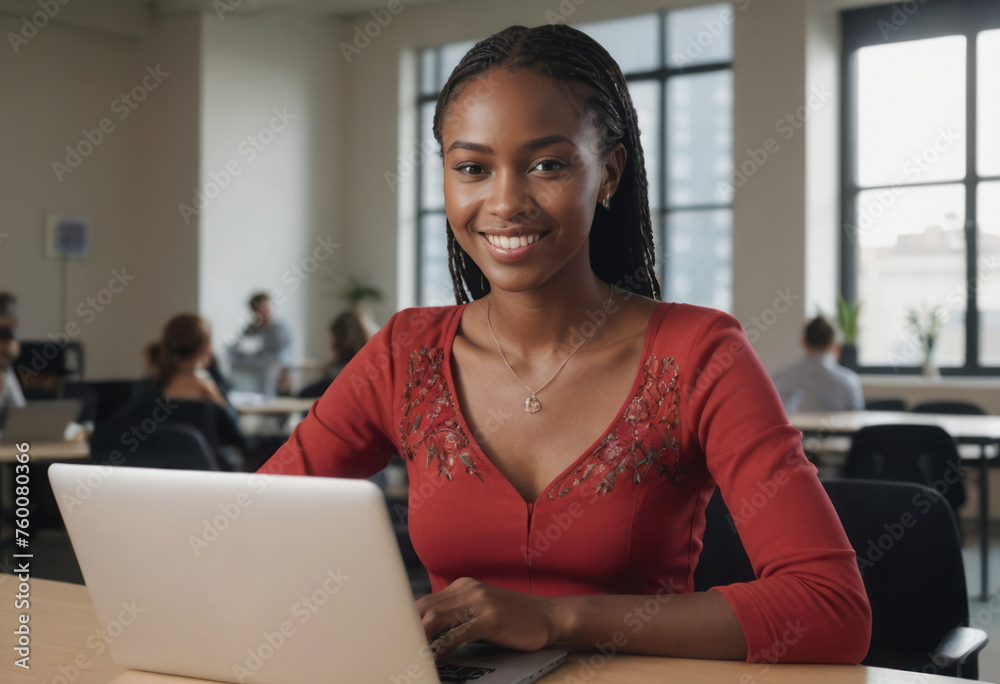 Professional African American woman using a laptop. Engaged and efficient in modern office.