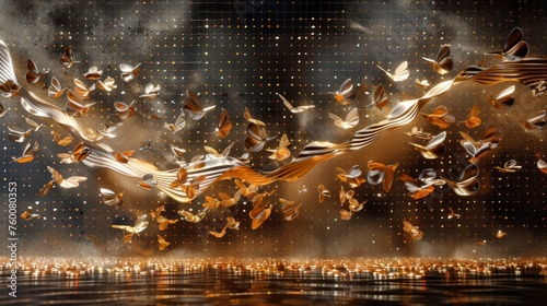  a group of birds flying over a body of water under a sky filled with lots of white and gold stars.