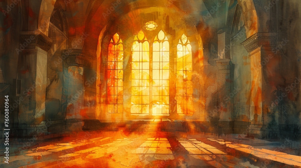 Soft Yellow and Orange Light Streaming Through Church Window Generative AI Soft Yellow and Orange Light Streaming Through Church Window Generative AI