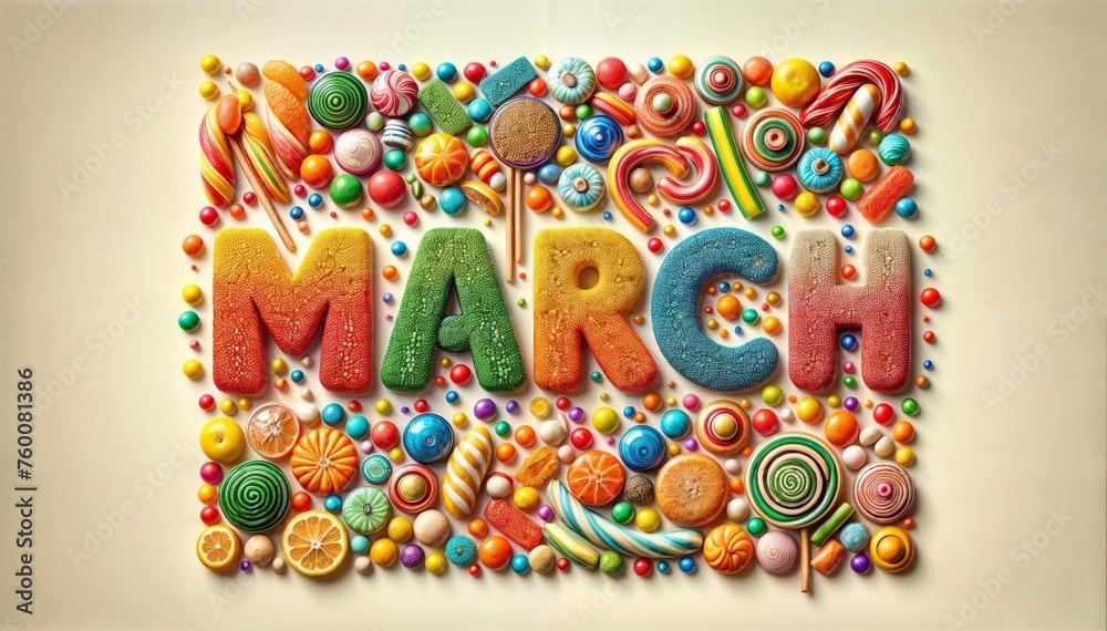 Assortment of vibrant candies and confections beautifully arranged to spell out the text March
