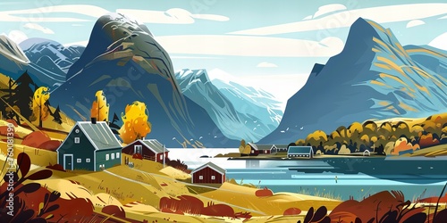 norwegian landscape with lake and mountains and cottages