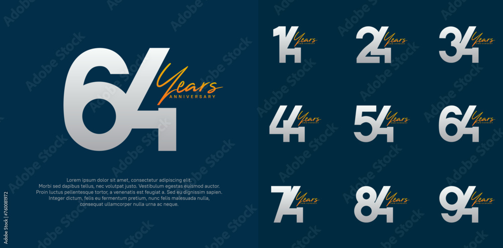 anniversary logotype vector design set with orange handwriting, silver color can be use for special day