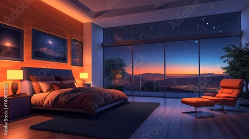 A beautifully designed bedroom with a panoramic window showcasing the starry night sky and city silhouette
