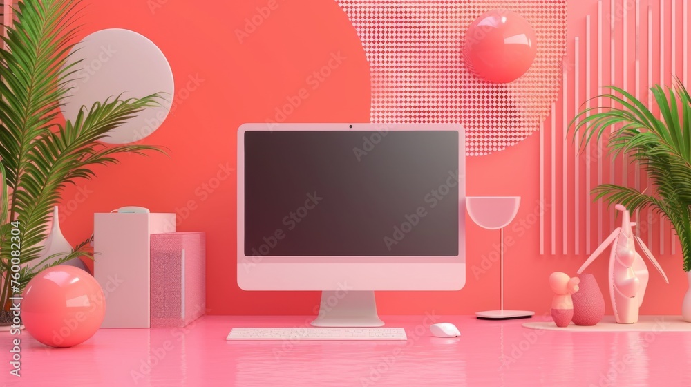 A creatively organized workspace featuring a white computer, matching accessories, and pink decorative elements against a textured background A creatively organized workspace featuring a white computer, matching accessories, and pink decorative elements against a textured background