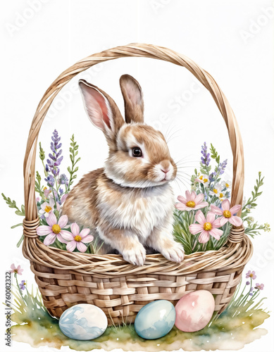 A white and brown bunny rabbit sits in a wicker basket surrounded by flowers and Easter eggs. Easter greetings card, banner, poster.