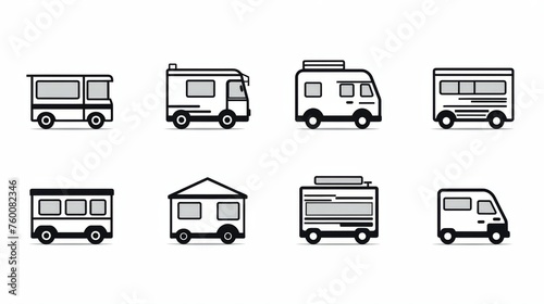 Group of recreational vehicles and camper vans displayed in a minimalistic line art style, suggesting freedom and adventure