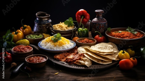 A vibrant collection of Mexican dishes arranged on a table  signaling a feast with rich colors and a variety of flavors