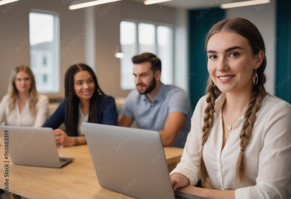 Woman in office with beaming smile, professional attire. Bright and modern workspace. Woman in office with beaming smile, professional attire. Bright and modern workspace.