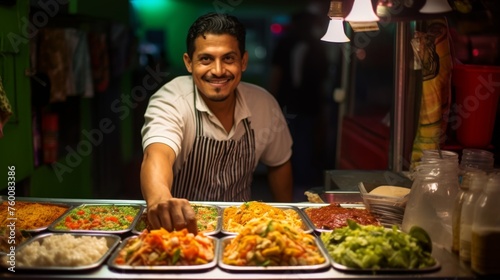 A cheerful man showcasing an array of dishes at a colorful food stall, invitingly presented to attract customers