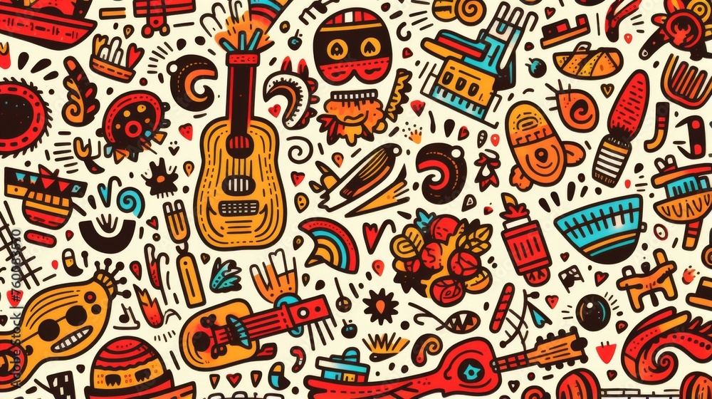 Intricate doodle pattern with elements of Mexican culture and music on a white background