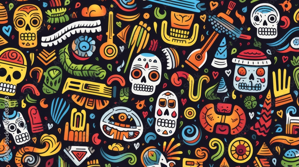 Image captures a lively Day of the Dead pattern with vibrant colors on a dark navy background