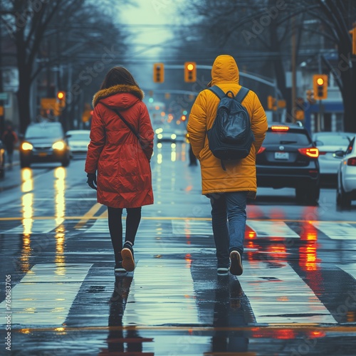 A pair walking side by side on a crosswalk in the rain, draped in colorful jackets against the grey city backdrop