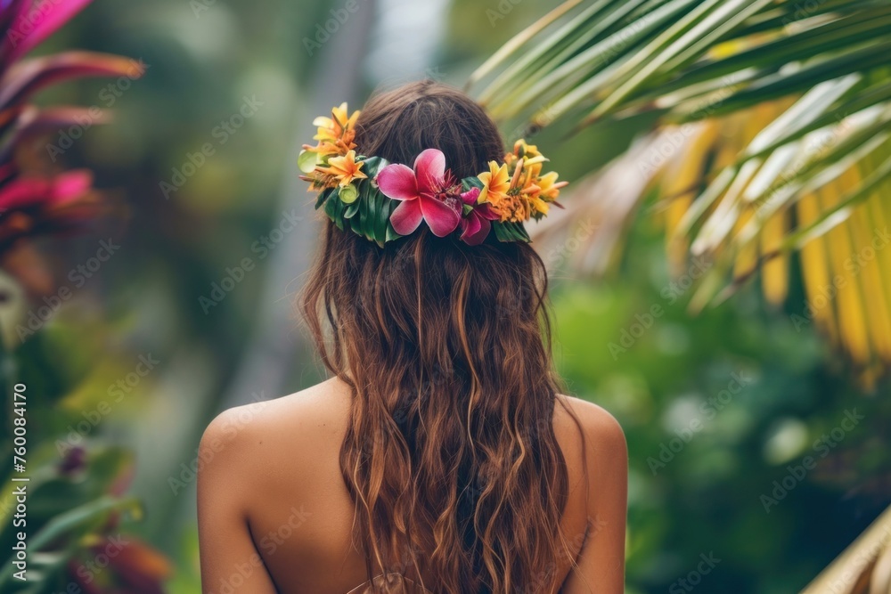 Naklejka premium Back view woman hawaii beach girl. Wedding wreath. Generate AI