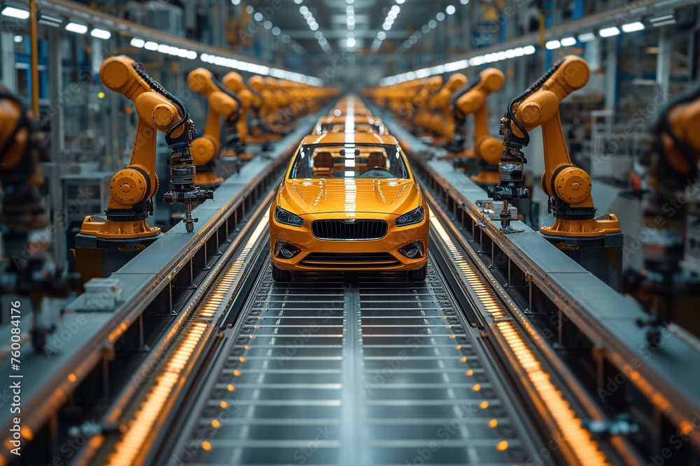 A high-tech car production line with orange robotic arms assembling a bright orange car emphasizing automation and precision
