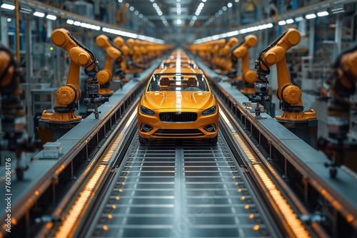 A high-tech car production line with orange robotic arms assembling a bright orange car emphasizing automation and precision photo