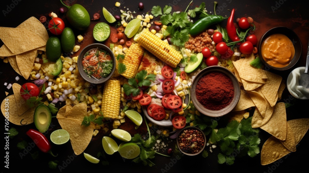 An appetizing array of Mexican food including corn, tomatoes, and nachos, perfect for sharing An appetizing array of Mexican food including corn, tomatoes, and nachos, perfect for sharing