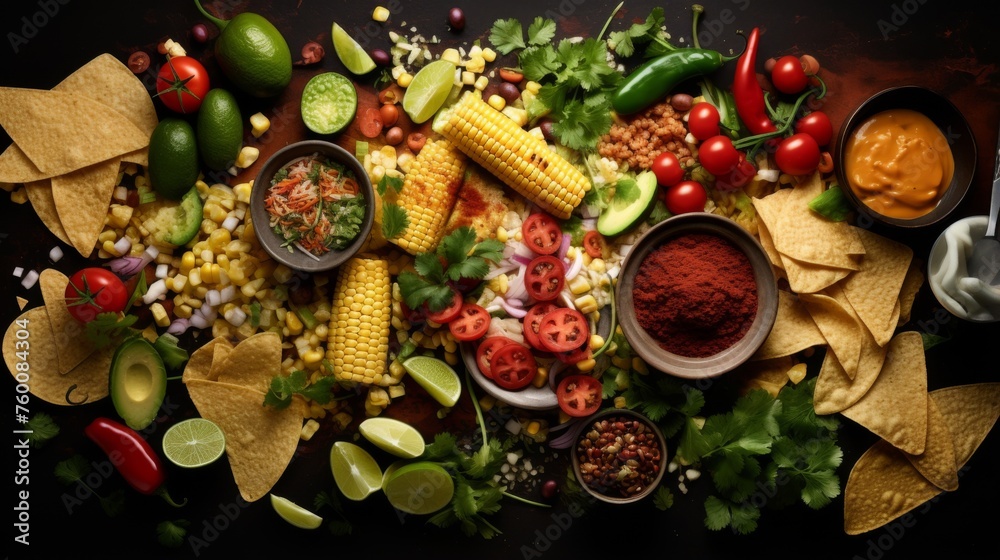 An appetizing array of Mexican food including corn, tomatoes, and nachos, perfect for sharing