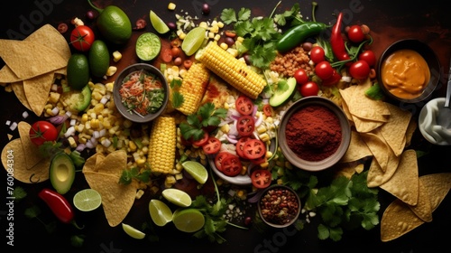 An appetizing array of Mexican food including corn, tomatoes, and nachos, perfect for sharing
