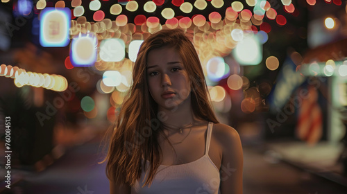 A thoughtful young woman stands surrounded by vivid night lights, giving a sense of urban contemplation and depth. 