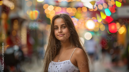 A young girl with a gentle smile stands amidst vibrant street lights that create a whimsical bokeh effect. 