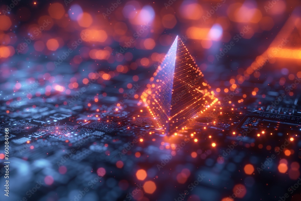 Abstract digital graphic of blockchain technology with futuristic pyramid shape and glowing nodes - obrazy, fototapety, plakaty 