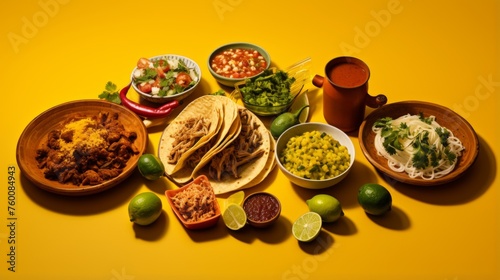 This vibrant image showcases a spread of Mexican cuisine, featuring tacos, rice and a variety of condiments on a bright yellow backdrop