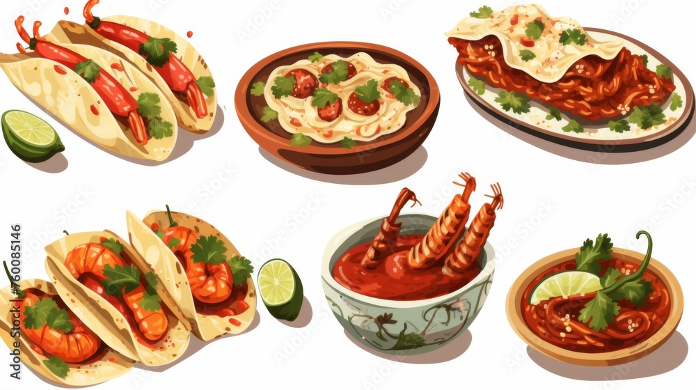 An enticing array of Mexican dishes with chillies and shrimp, highlighting the spiciness and variety in Mexican cuisine An enticing array of Mexican dishes with chillies and shrimp, highlighting the spiciness and variety in Mexican cuisine