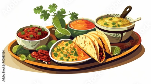 A colorful illustration of a Mexican feast with tacos, salsa, and more, communicating diversity and pleasure of food