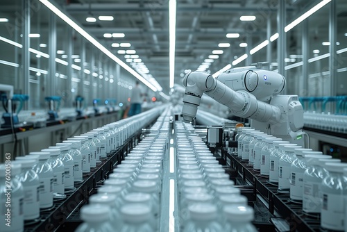 An advanced robotic arm processes numerous medicine bottles on an automated production line in a sterile factory environment photo