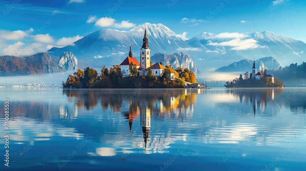 Beautiful Bled: Alpine Scenery with Calm Blue Lake and Bell Tower of a Catholic Church