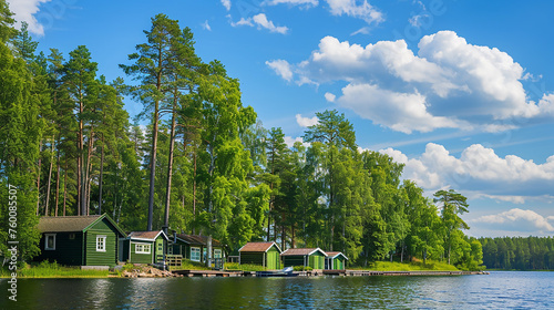 A serene lakeside scene on a sunny day, with clear blue skies stretching overhead and fluffy white clouds drifting lazily by. 