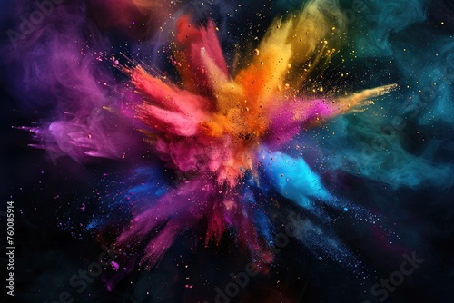 Colorful Magic Explosion on Dark Abstract Background with Burst of Rainbow Smoke and Dust Texture 