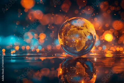 Glass globe reflecting city lights on a dark watery surface, Concept of global business, travel, and environmental conservation