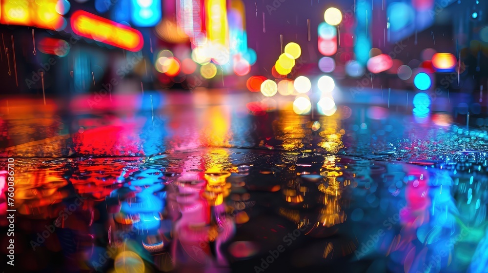 Vibrant lights of the night city in rainy weather. AI generated.
