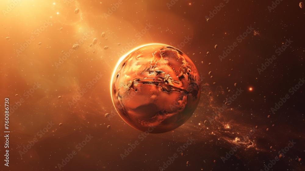 A stunning image of a molten orange planet amid cosmic particles and glowing energy, showcasing the vastness and mystery of space A stunning image of a molten orange planet amid cosmic particles and glowing energy, showcasing the vastness and mystery of space