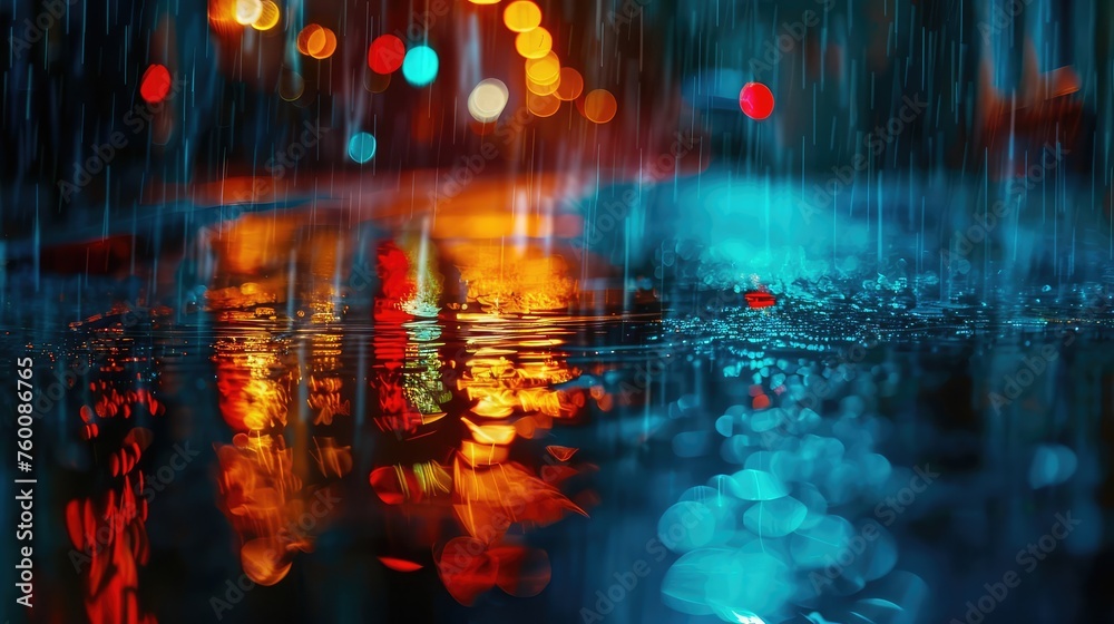 Bright lights of the night city in rainy weather. AI generated.