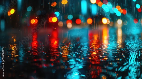 Lights of the night city in rainy weather. AI generated.