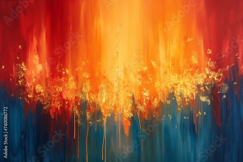 Abstract art with fiery red and gold drips over deep blue, Concept of passion, creativity, and emotional expression
