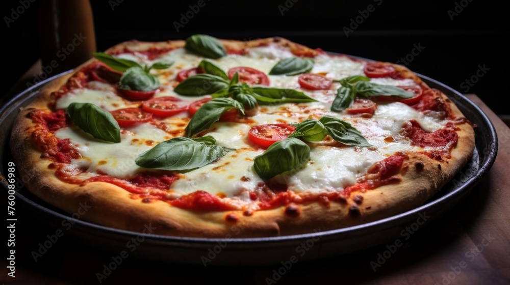 A delightful pie topped with tomatoes, mozzarella, and basil presented on a black background A delightful pie topped with tomatoes, mozzarella, and basil presented on a black background