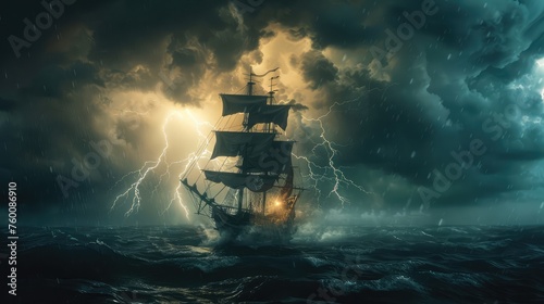 Sailing ship in the ocean at the storm. AI generated.