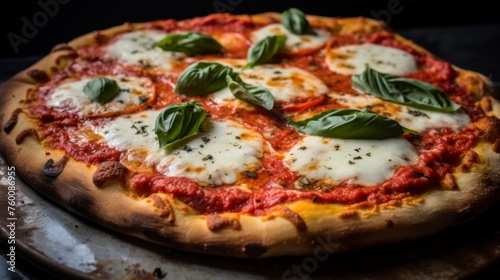 Delicious Margherita pizza with mozzarella, tomatoes, and basil on a seasoned wooden backdrop