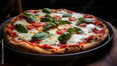 A delightful pie topped with tomatoes, mozzarella, and basil presented on a black background