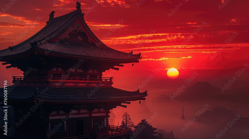 Obraz premium Magical sunset over Asian temple. AI generated.