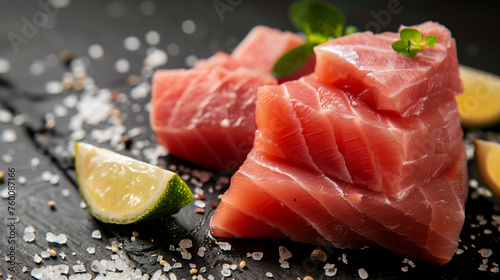 Slices of red tuna meat with salt spices lemon on black background